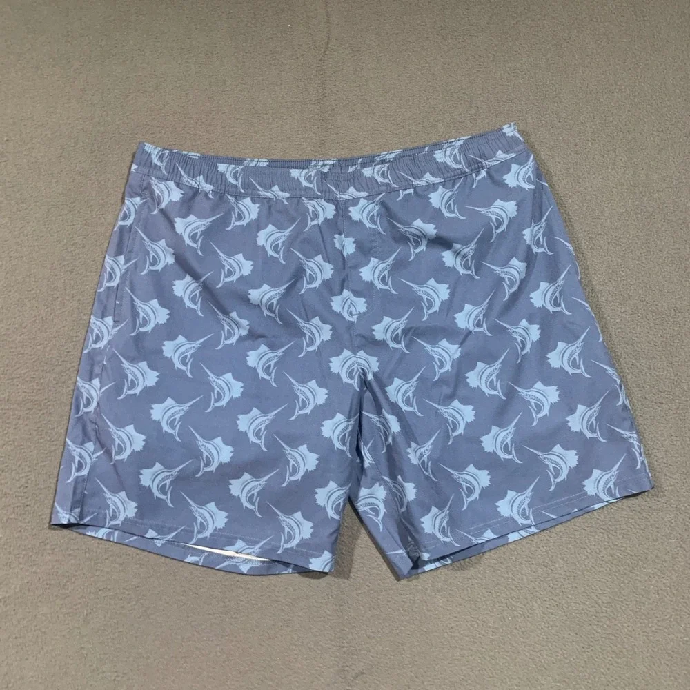 LRD Performance Mens XL Blue Marlin Fish Print Swim Trunks Board Shorts 7 Inseam